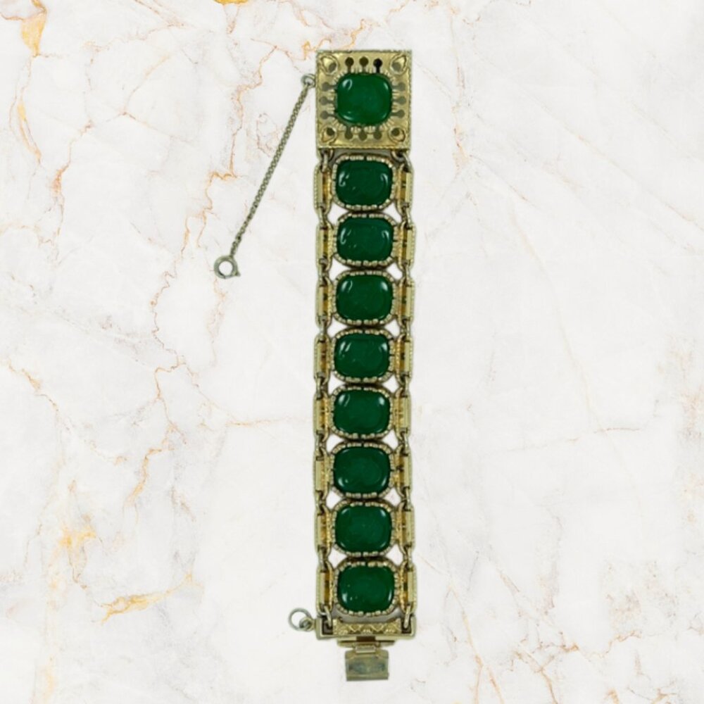 Vintage Italian Gold-Plated Green Intaglio Bracelet 6.5” 9 Glass Cameos - Picture 9 of 12